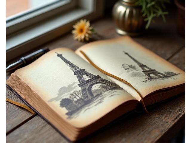 Un ancien carnet de voyage ouvert avec la Tour Eiffel en arrière-plan, symbolisant la découverte et l'histoire