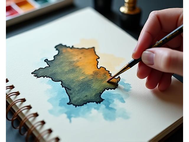 Main d'artiste dessinant une carte de France sur un carnet, soulignant la nature personnalisée et artistique du voyage.